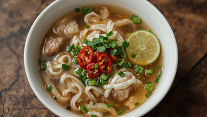 Photo of a flavorful bowl of vietnamese pho featuring rice noodles and savory beef broth garnished with fresh herbs and vibrant chili peppers