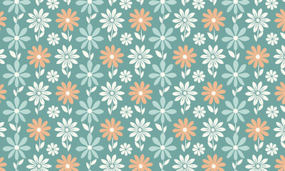 Seamless Mid-Century Floral Pattern with Daisies and Stylized Leaves