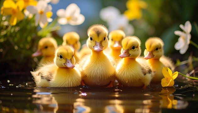 A group of fluffy yellow ducklings in a shallow pond.