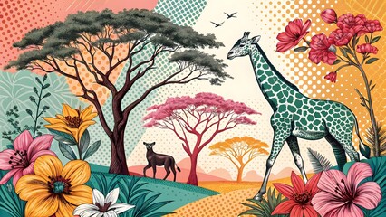 Pop Art Safari &ndash; Giraffe and Floral Landscape Digital Illustration