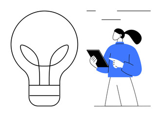 Woman holding tablet pointing to ideas beside large bulb representing innovation. Ideal for creativity, technology, education, brainstorming, learning, sustainability, simple landing page