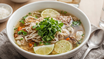 Photo of a delicious bowl of vietnamese pho soup with noodles and fresh herbs served in a white bowl on a table