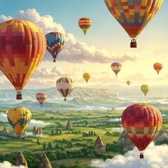 Obraz premium Vibrant Hot Air Balloons Over Scenic Valley Landscape.
