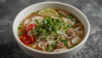 Photo of a flavorful bowl of vietnamese pho with beef, noodles, and fresh herbs, a culinary delight that is both comforting and aromatic