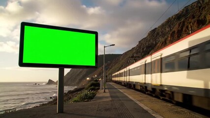 A blank green screen billboard stands on a coastal train station platform as a modern train passes by at sunset.