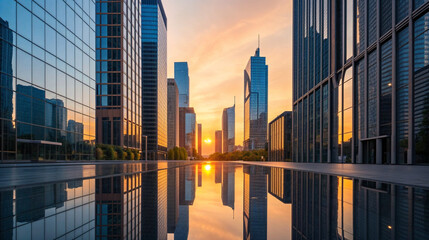 Futuristic Cityscape with Glass Skyscrapers Reflecting Sunset