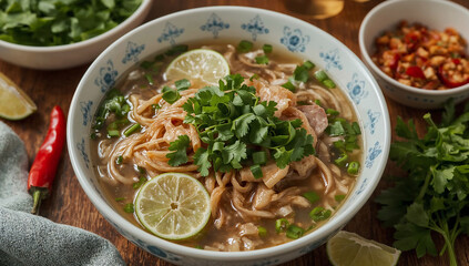 Photo of a flavorful bowl of vietnamese chicken pho with fresh cilantro and lime on a wooden table offers a comforting and healthy meal