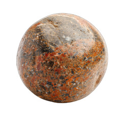 Round, polished stone sphere.  Multi-colored, mottled design.  Deep orange, brown, and gray tones.  Smooth surface.  Close-up view