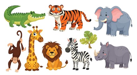 Cartoon Animals: Crocodile, Tiger, Elephant, Monkey, Giraffe, Lion, Zebra, and Rhinoceros