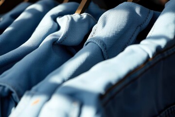 A row of folded light blue polo shirts are hung on hangers featuring a textured fabric under bright sunlight