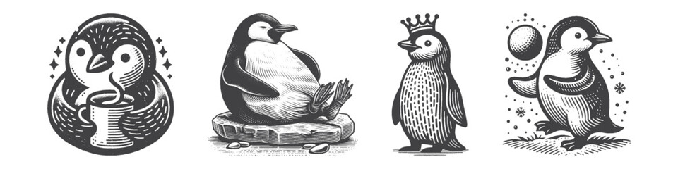 Vintage Hand-Drawn Penguin Drinking Coffee Illustration, Cozy Wildlife Engraved Vector for Animals and T-Shirt Design
