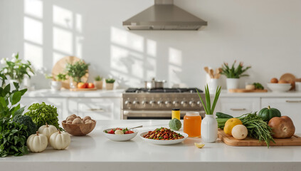 Photo of fresh vegetables and herbs are arranged on a white kitchen counter ready for healthy cooking and meal preparation