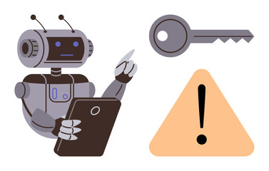 Robot holding tablet, analyzing a warning sign and a key. Ideal for cybersecurity, AI, data protection, digital access control, technology awareness, system monitoring, simple flat metaphor