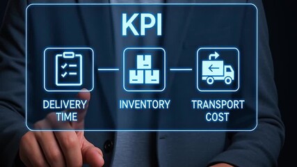 KPI concept featuring delivery time inventory transport cost icons on transparent digital interface enhancing business logistics management with advanced digital performance measurement - Powered by Adobe