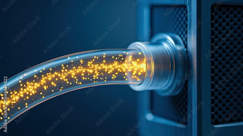 Poster fiber optic cable glowing light particles connected electronic device port technology concept high s