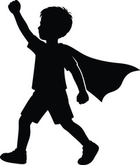 Silhouette of a young boy confidently walking with one arm raised, wearing a fluttering superhero cape, conveying courage and empowerment. Concept of childhood imagination, bravery and heroism.  © Youfec