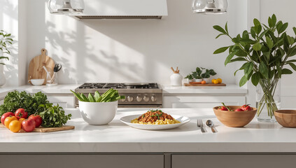 Photo of bright and airy kitchen scene featuring fresh ingredients and a prepared meal on the counter