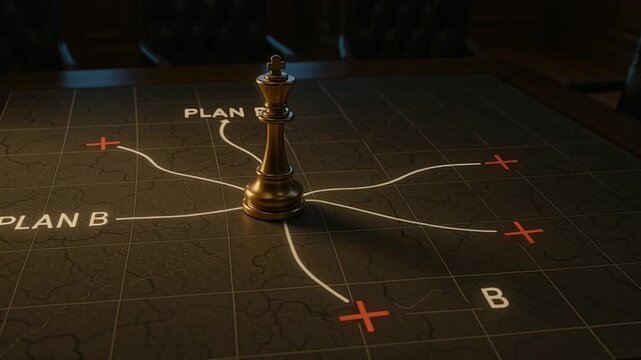 Plan B chess king strategy on game board showing multiple alternative routes decisions for success problem solution leadership choice marked by red crosses dark background