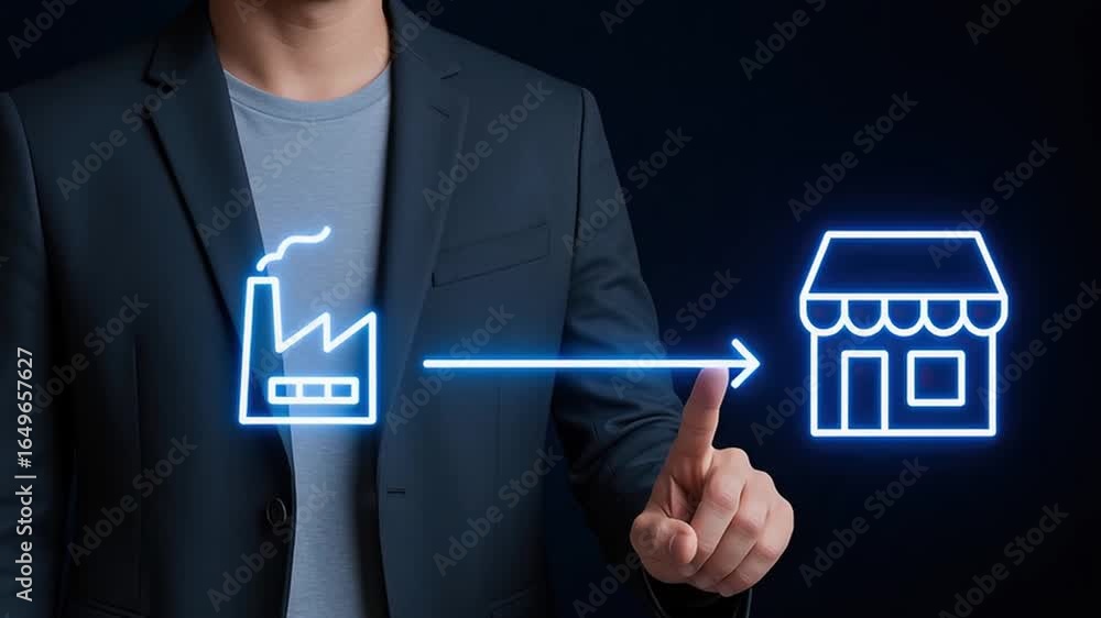 Poster supply chain business logistics concept showing glowing factory and store icons connected by arrow s