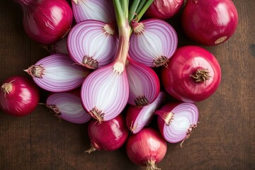 Overhead shot red onions some halved with green stems against a dark wooden surface