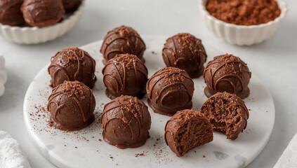 Photo of delicious homemade chocolate truffles on a marble plate are a sweet and decadent treat perfect for any occasion