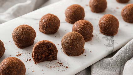 Photo of delicious homemade chocolate truffles sprinkled with cocoa powder displayed on a marble serving plate for a sweet treat