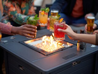 Friends toasting drinks near fire pit table at outdoor party