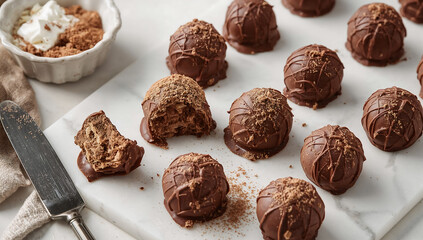 Photo of delicious homemade chocolate truffles displayed on a marble board with a knife and bowl of topping