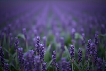 Obraz premium Field of blurred purple hyacinthlike flowers in rows extending into the distance