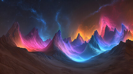 Majestic mountain range under a clear blue sky with snow-capped peaks and lush green valleys below