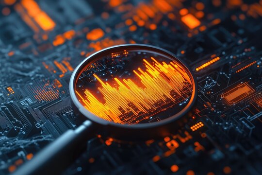 Magnifying glass focuses on financial chart on circuit board
