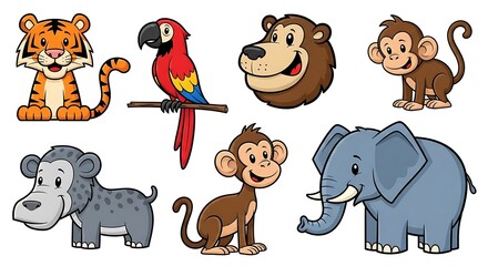 Cartoon Animals: Tiger, Parrot, Monkey, Elephant, and Other Smiling Creatures