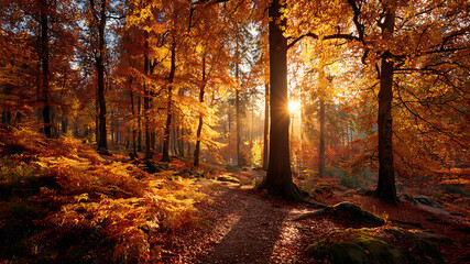 Fototapeta premium Golden Sunlight Streaming Through a Vibrant Autumn Forest with a Winding Path