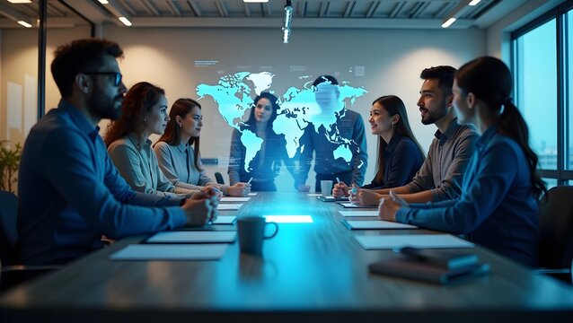 Diverse Team Collaborating with AI Holographic Charts in Bright Office