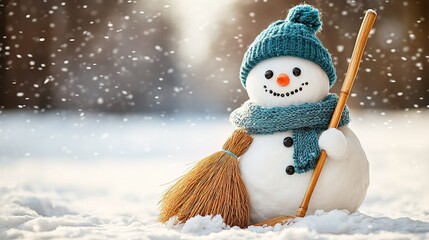 Cute Snowman in Winter Scene with Broom, Wearing Blue Knit Hat and Scarf 