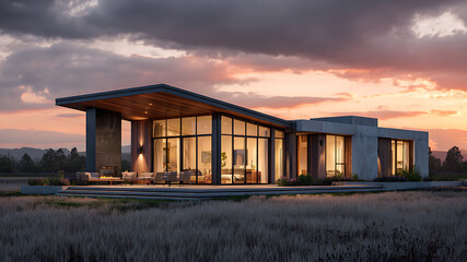 Modern luxury home with expansive glass walls and outdoor patio, illuminated at dusk against a vibrant sunset sky and natural landscape.