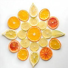 Obraz premium Slices of Citrus Fruits Forming a Sun Pattern on White Background, 3/5 View