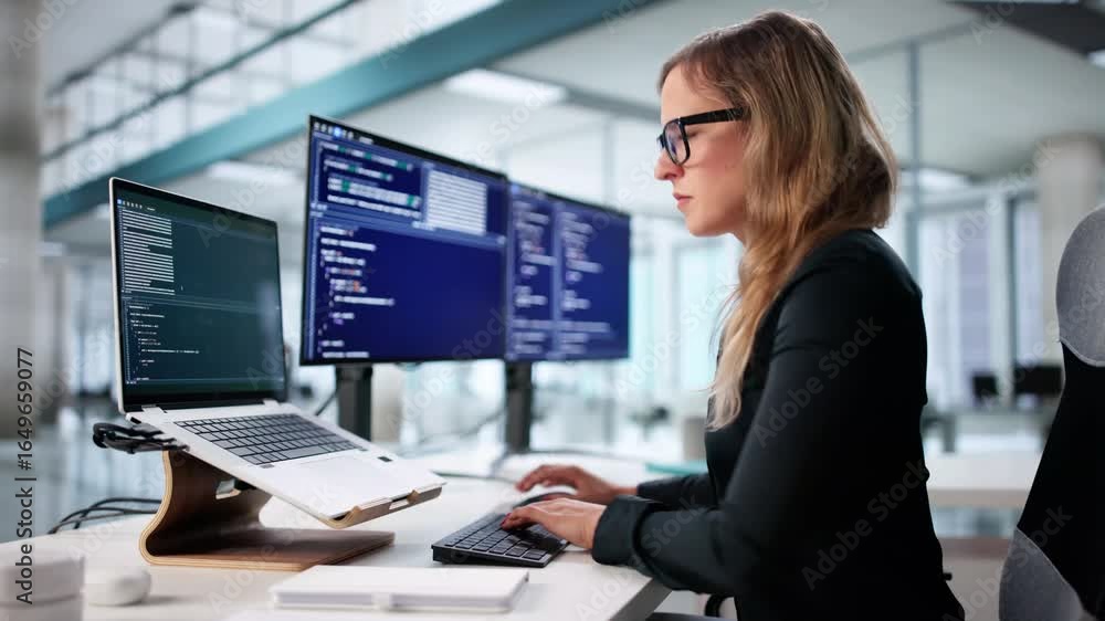 Aufkleber female programmer working on code for website