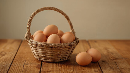 Photo of a rustic basket filled with fresh brown eggs sits on a wooden table in a country kitchen
