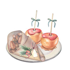 Caramelized almonds, fir branch, berries, caramel apples, bows, plate. Hand-painted watercolor illustration of sweet snacks isolated on white for cafe menu, holiday design, fair, market branding