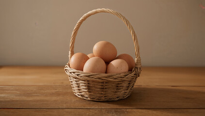 Photo of a woven basket filled with brown eggs sits on a rustic wooden table in a warm inviting scene