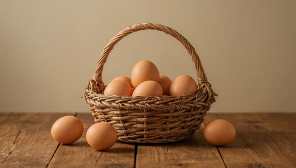 Photo of a rustic woven basket filled with fresh brown eggs sitting on a weathered wooden table under soft light
