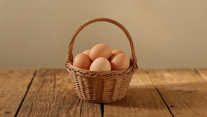 Photo of a rustic basket filled with fresh brown eggs sits on a weathered wooden table creating a warm and inviting scene