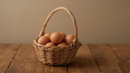 Photo of a rustic woven basket filled with fresh brown eggs sits on a weathered wooden table top creating a simple still life
