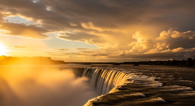 Golden sunset illuminates the majestic waterfall cascading down the cliffside