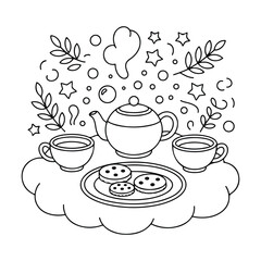 coffee and tea - Cute & Cozy Coloring Book for Relaxation and Creativity. Easy, line art vector illustration, Coloring Pages for Kids & Adults