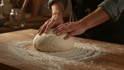 Photo of close up of baker kneading dough on wooden table sprinkled with flour in a warm kitchen