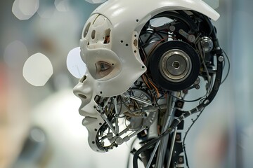 Wondrous hyper realistic closeup portrait artificial intelligent humanoid robot still in skeleton stage assemble in android factory.