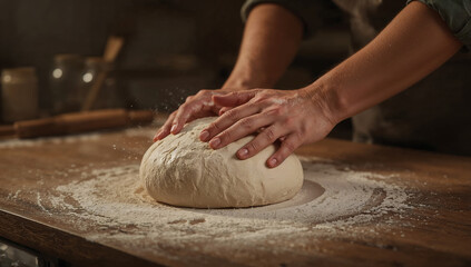 Photo of close up of woman kneading dough on wooden table preparing homemade bread in rustic kitchen