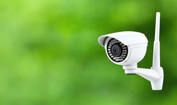 A close-up of a sleek, white surveillance camera mounted with an antenna. The camera is directed forward against a soft, blurred green background.